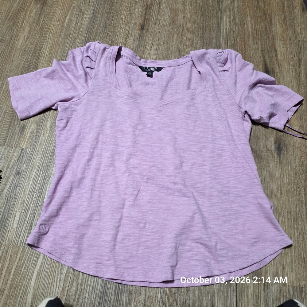 Lauren Ralph Lauren Lavender Slub Knit Puff Sleeve V-Neck Top Medium